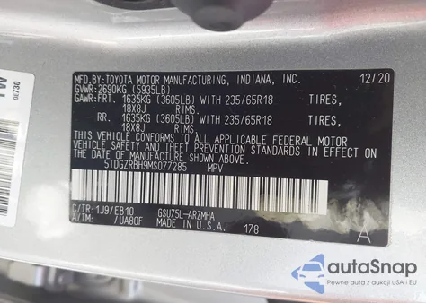 2021 Toyota Highlander Xle z USA, uszkodzony, nr VIN 5TDGZRBH9MS077285